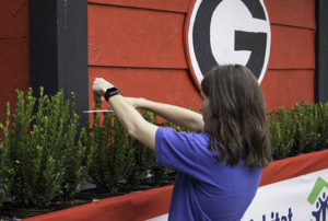 Habitat outreach director Bridget Sivewright trims "hedges" around the float