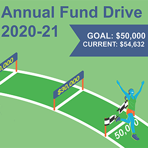 Cartoon graphic of runner breaking the tape on a racetrack. Headline: Annual Fund Drive 2021-21. Inset: Goal $50,000; Current $54,632.