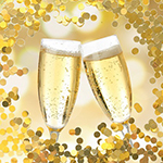 Two glasses of champagne clinking amid a flurry of gold confetti